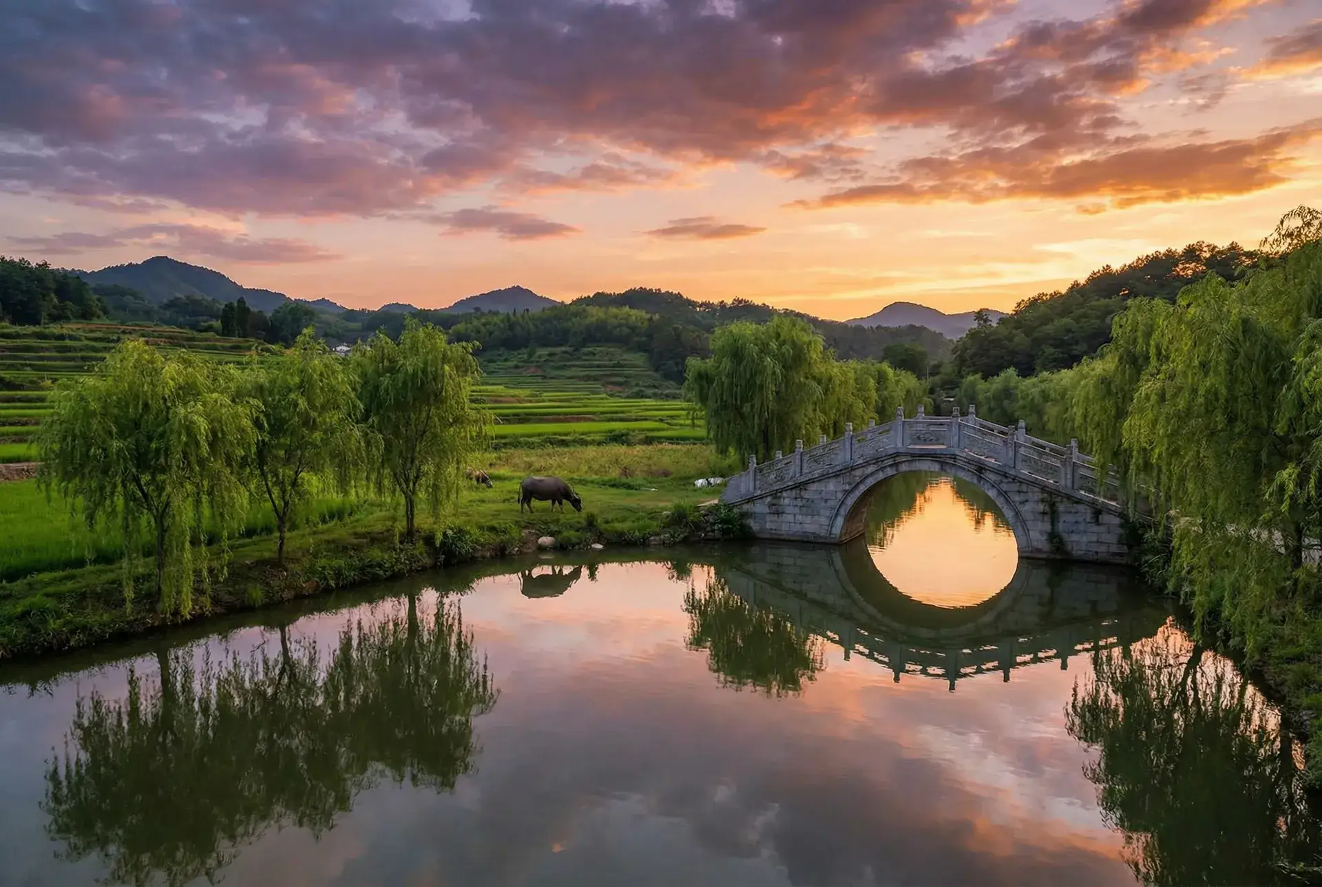 夕阳下的石拱桥与垂柳，水牛在河边吃草 - 写真在线免费看网站 乡村美景